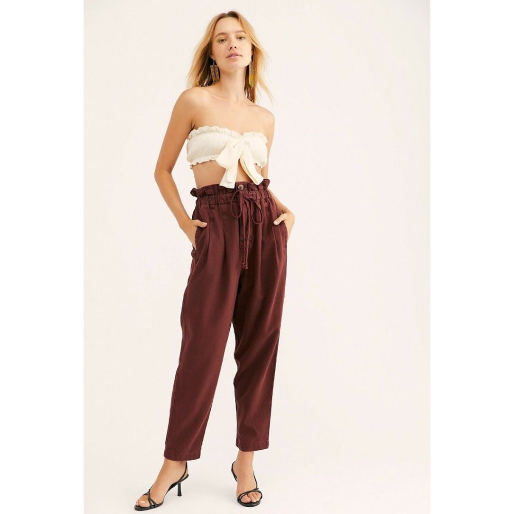 Free People Margate Pleated Paperbag Trouser Pant Vina Maroon